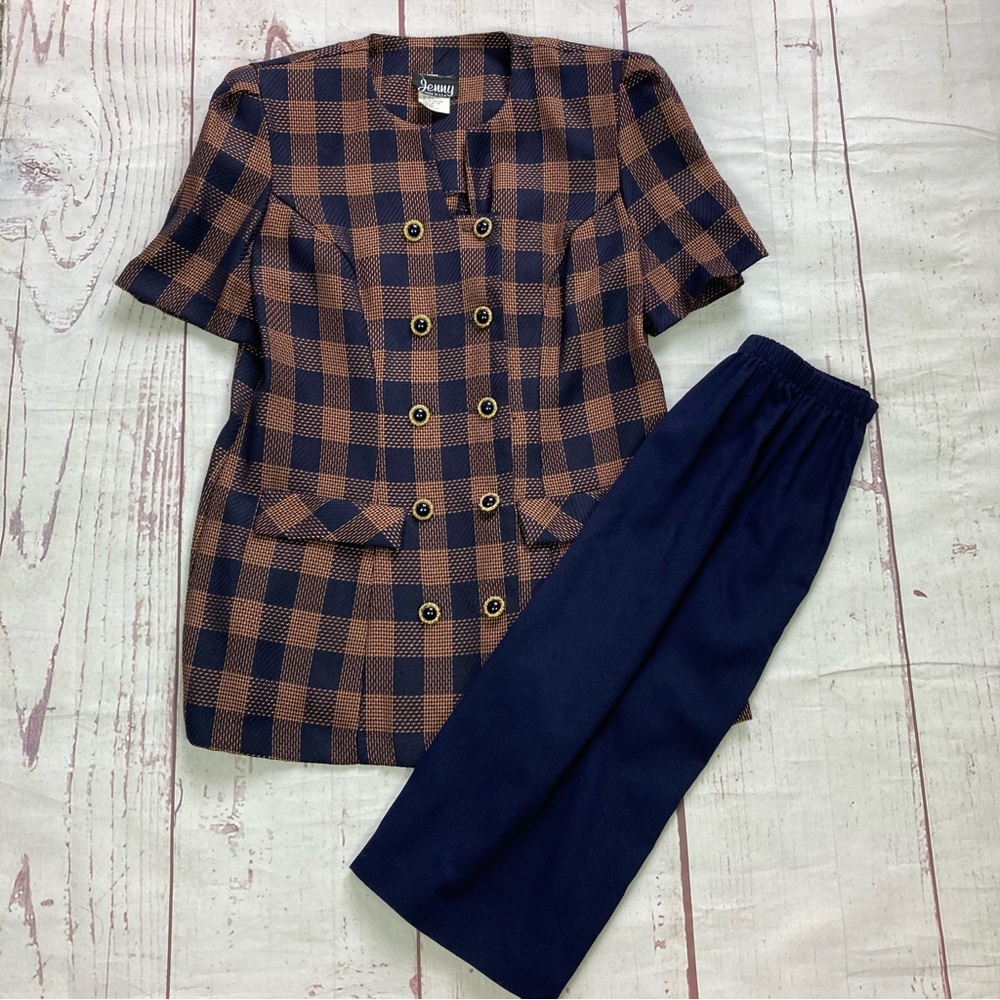 Vintage Jenny Size 8 USA Made Plaid 2pc Skirt Jacket Suit Set Double Breasted